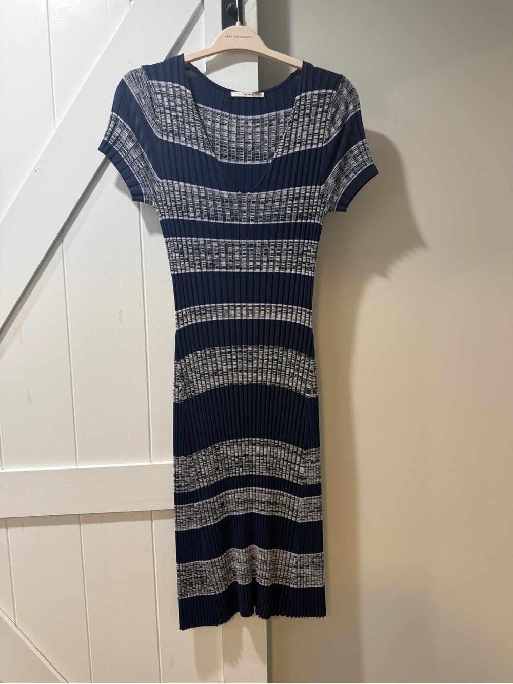 Navy and Gray Striped Rib-Knit Midi Dress
